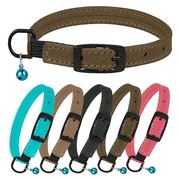 Нашийник для Котів Barksi плоский шкіряний Crazy з блакитним дзвіночком Олива