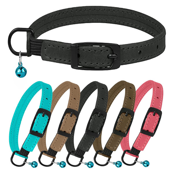 Нашийник для Котів Barksi плоский шкіряний Crazy з блакитним дзвіночком Графіт