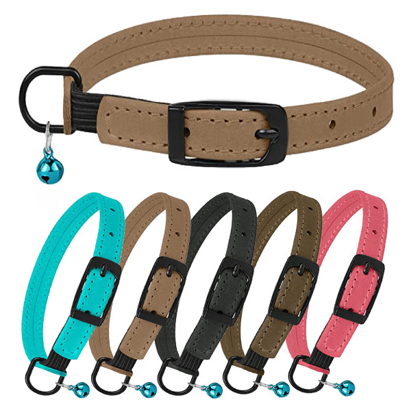 Нашийник для Котів Barksi плоский шкіряний Crazy з блакитним дзвіночком Бежевий