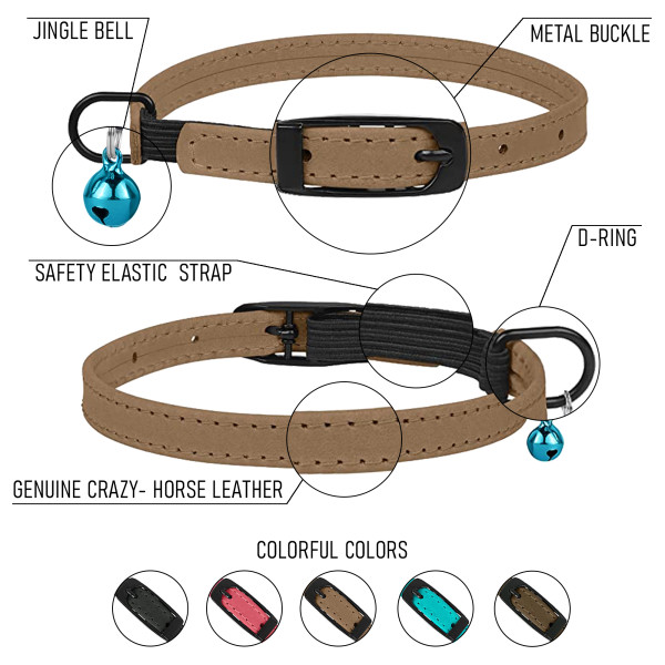Нашийник для Котів Barksi плоский шкіряний Crazy з блакитним дзвіночком Бежевий