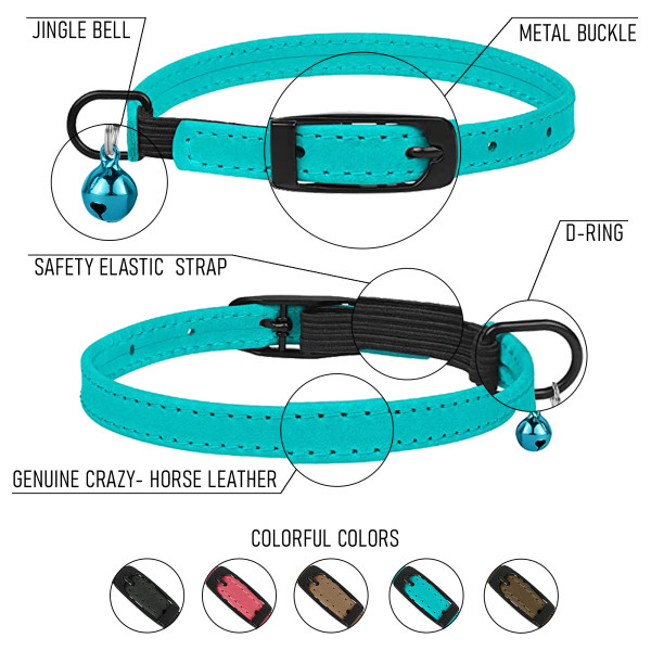 Нашийник для Котів Barksi плоский шкіряний Crazy з блакитним дзвіночком Ментол