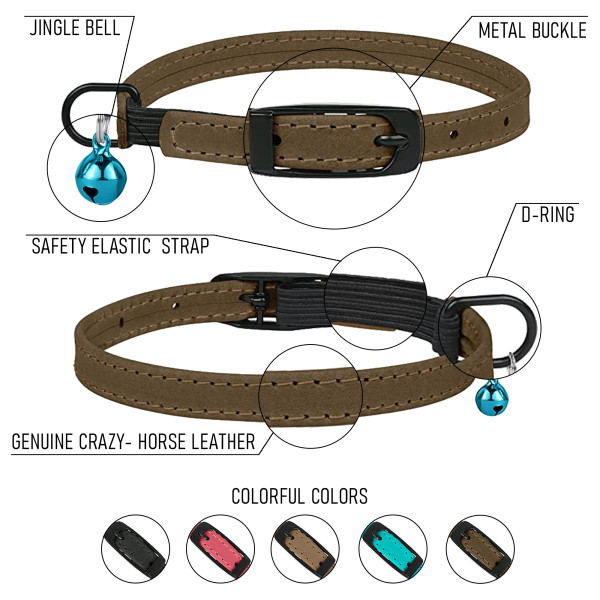 Нашийник для Котів Barksi плоский шкіряний Crazy з блакитним дзвіночком Олива