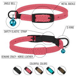 Нашийник для Котів Barksi плоский шкіряний Crazy з блакитним дзвіночком Рожевий