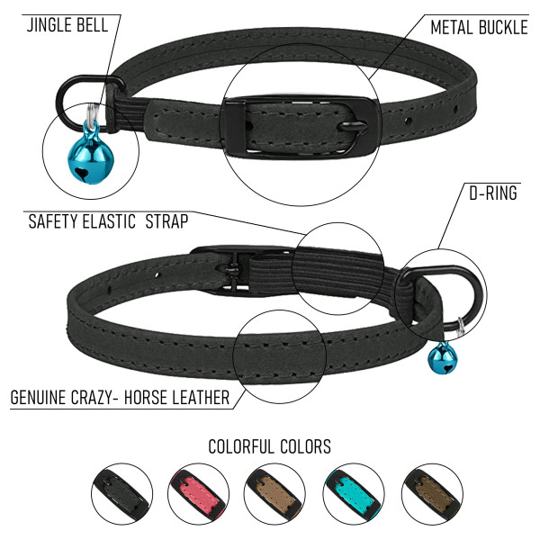 Нашийник для Котів Barksi плоский шкіряний Crazy з блакитним дзвіночком Графіт