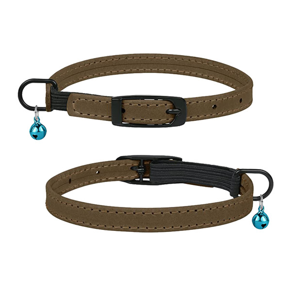 Нашийник для Котів Barksi плоский шкіряний Crazy з блакитним дзвіночком Олива