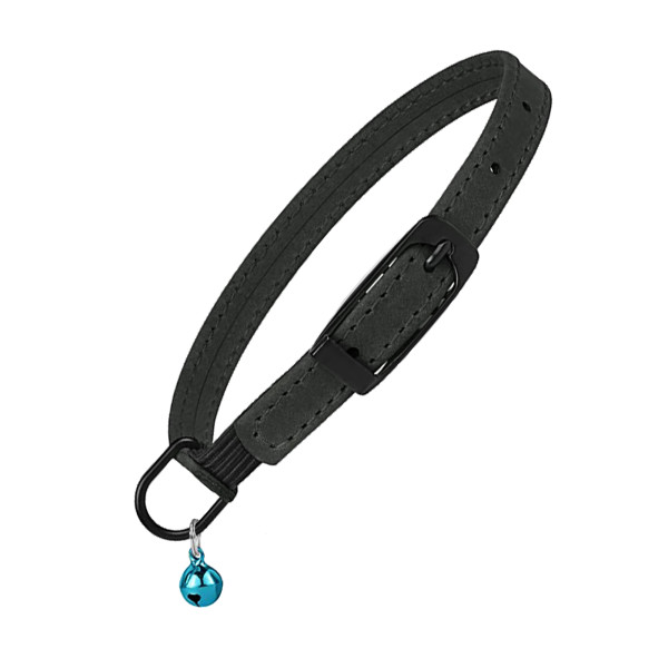 Нашийник для Котів Barksi плоский шкіряний Crazy з блакитним дзвіночком Графіт