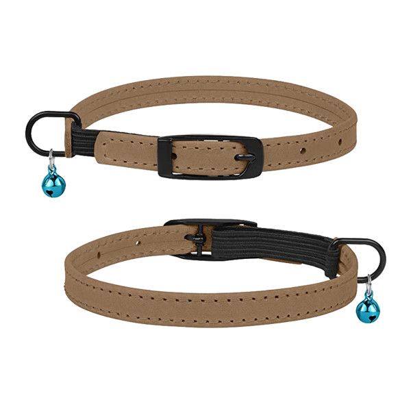 Нашийник для Котів Barksi плоский шкіряний Crazy з блакитним дзвіночком Бежевий