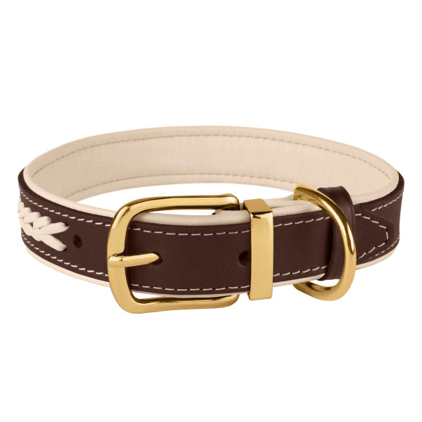 Нашийник для Собак Шкіряний BronzeDog Premium з Литою Латунною Фурнітурою та Адресником Коричнево-Бежевий