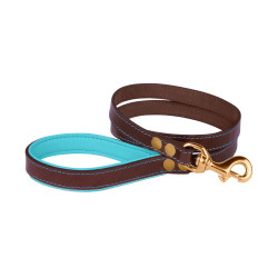 Повідець для Собак Шкіряний BronzeDog Premium з Литою Латунною Фурнітурою Коричнево-Блакитний