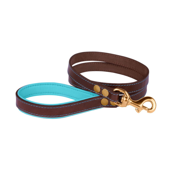 Повідець для Собак Шкіряний BronzeDog Premium з Литою Латунною Фурнітурою Коричнево-Блакитний