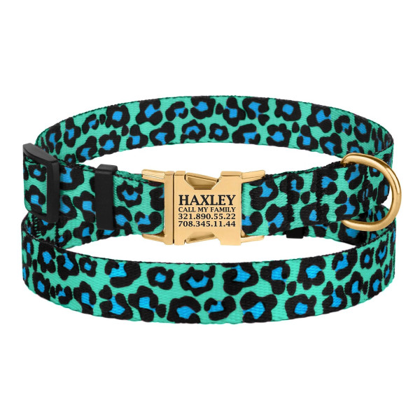 Нашийник для Собак BronzeDog Urban Леопард Нейлоновий з Металевою Пряжкою Золотистого Колір Бірюзовий