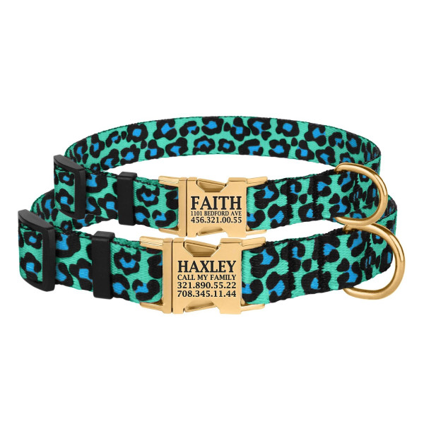 Нашийник для Собак BronzeDog Urban Леопард Нейлоновий з Металевою Пряжкою Золотистого Колір Бірюзовий