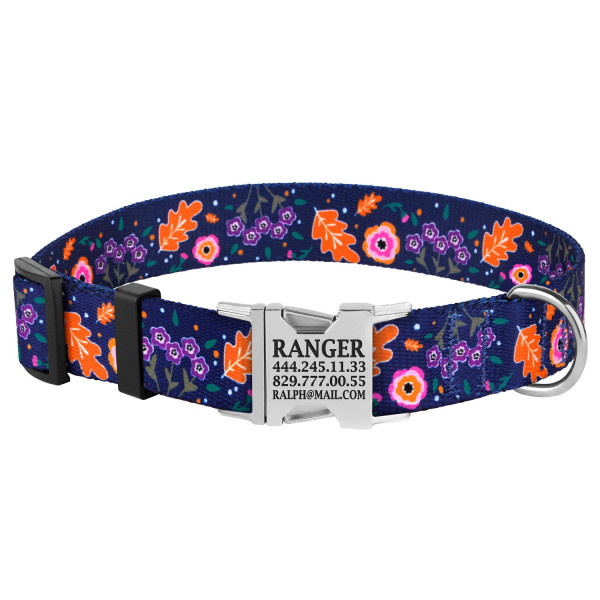 Нашийник для Собак BronzeDog Urban Квіти Нейлоновий з Металевою Пряжкою Синій