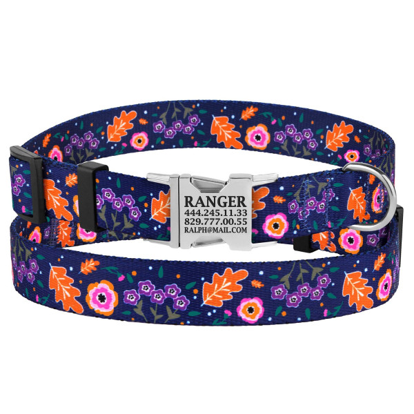 Нашийник для Собак BronzeDog Urban Квіти Нейлоновий з Металевою Пряжкою Синій