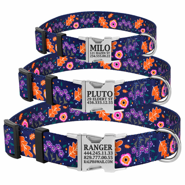 Нашийник для Собак BronzeDog Urban Квіти Нейлоновий з Металевою Пряжкою Синій