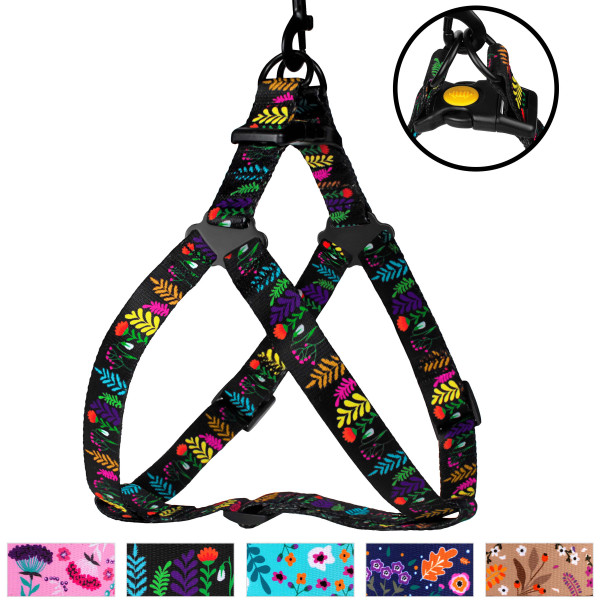 Шлея для Собак BronzeDog Urban Квіти Нейлонова Чорна