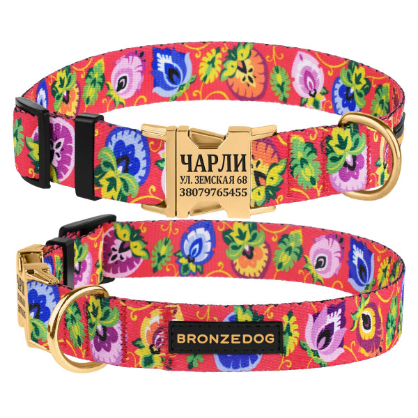 Нашийник для Собак Bronzedog Urban Folk нейлоновий з металевою пряжкою золотистого кольору кораловий