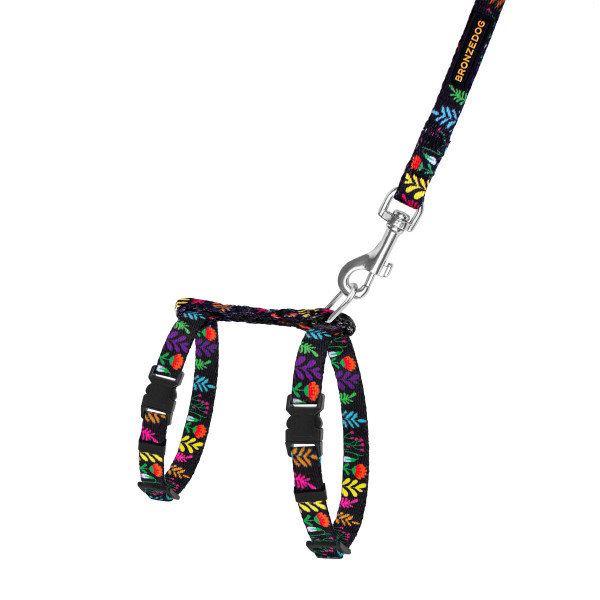 Шлея з Поводком для Котів та Дрібних Собак BronzeDog Urban Квіти Чорна