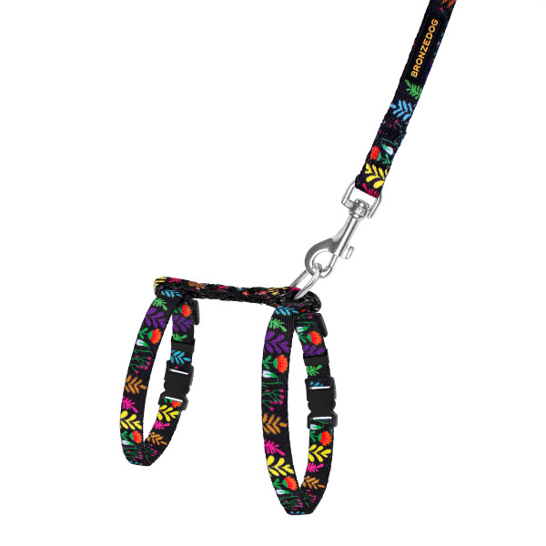 Шлея з Поводком для Котів та Дрібних Собак BronzeDog Urban Квіти Чорна