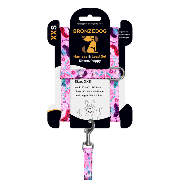 Шлея з Поводком для Котів та Дрібних Собак BronzeDog Urban Квіти Рожева