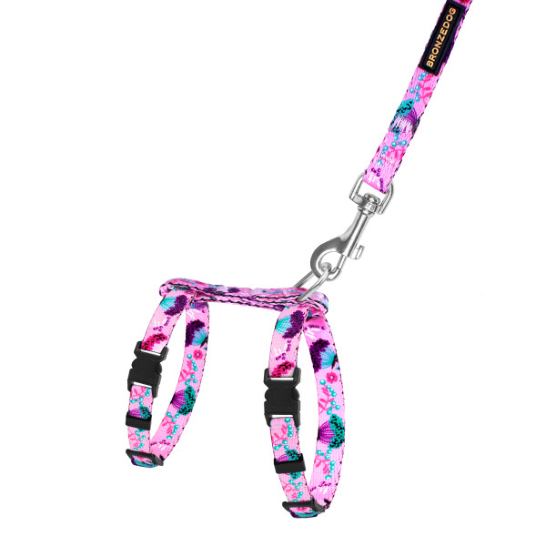 Шлея з Поводком для Котів та Дрібних Собак BronzeDog Urban Квіти Рожева