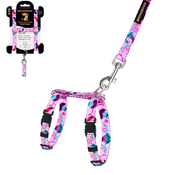 Шлея з Поводком для Котів та Дрібних Собак BronzeDog Urban Квіти Рожева