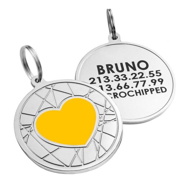 Емальований Адресник для Собак BronzeDog Серце на Фоні Об'ємної Павутинки Жовтий