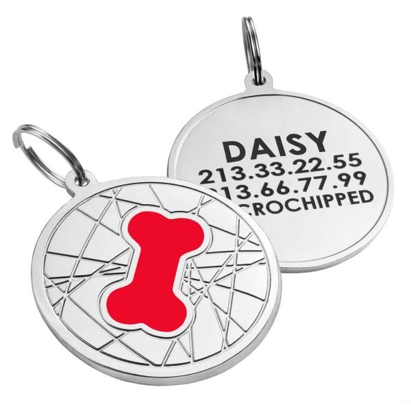 Емальований Адресник для Собак BronzeDog Кісточка на Фоні Об'ємної Павутинки Червоний