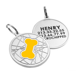 Емальований Адресник для Собак BronzeDog Кісточка на Фоні Об'ємної Павутинки Жовтий