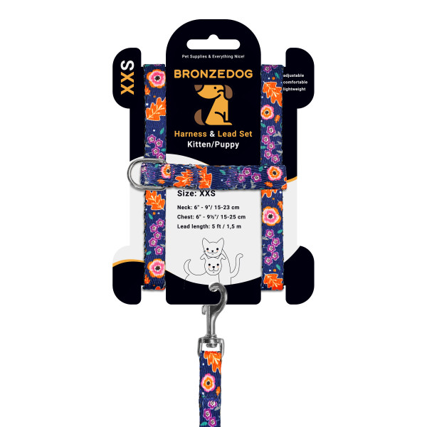 Шлея з Поводком для Котів та Дрібних Собак BronzeDog Urban Квіти Синя