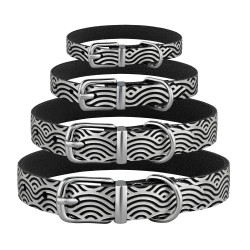 Нашийник для Собак шкіряний Classic одинарний з срібним тисненням Хвиля Чорний