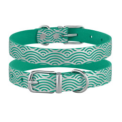 Нашийник для Собак шкіряний Classic одинарний з срібним тисненням Хвиля Бірюзовий