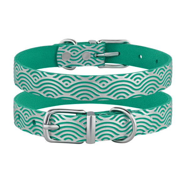 Нашийник для Собак шкіряний Classic одинарний з срібним тисненням Хвиля Бірюзовий