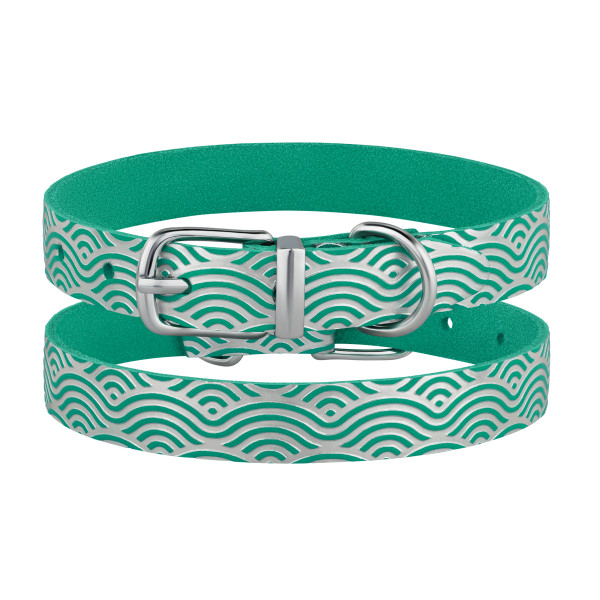 Нашийник для Собак шкіряний Classic одинарний з срібним тисненням Хвиля Бірюзовий
