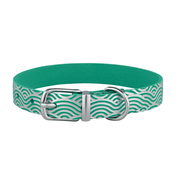 Нашийник для Собак шкіряний Classic одинарний з срібним тисненням Хвиля Бірюзовий