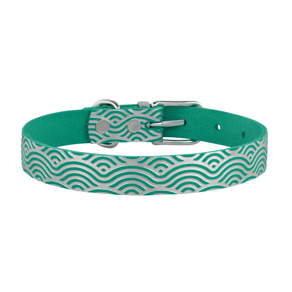 Нашийник для Собак шкіряний Classic одинарний з срібним тисненням Хвиля Бірюзовий
