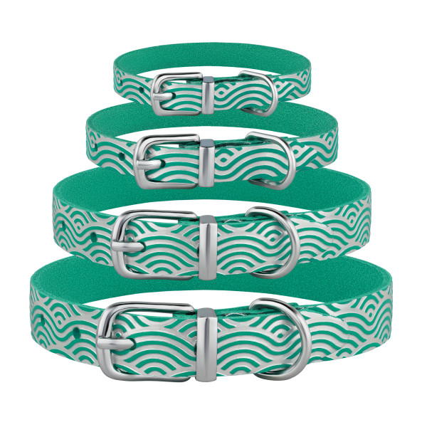 Нашийник для Собак шкіряний Classic одинарний з срібним тисненням Хвиля Бірюзовий