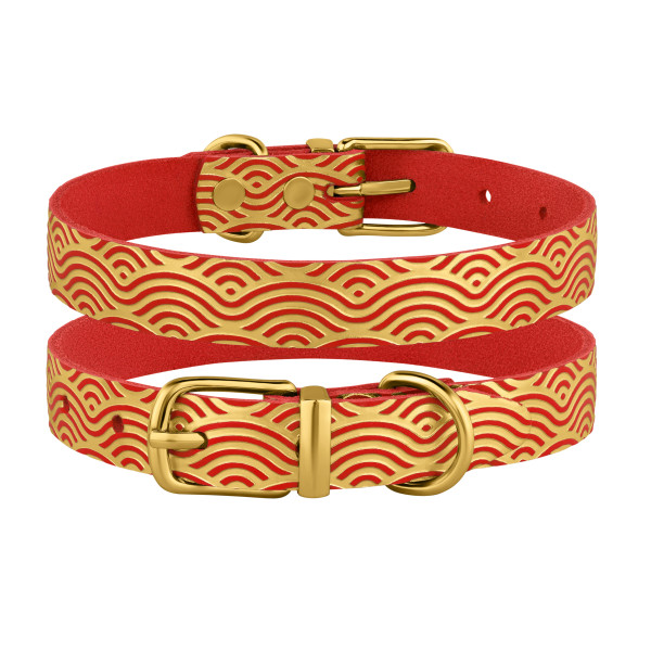 Нашийник для Собак шкіряний Classic одинарний з золотим тисненням Хвиля Червоний