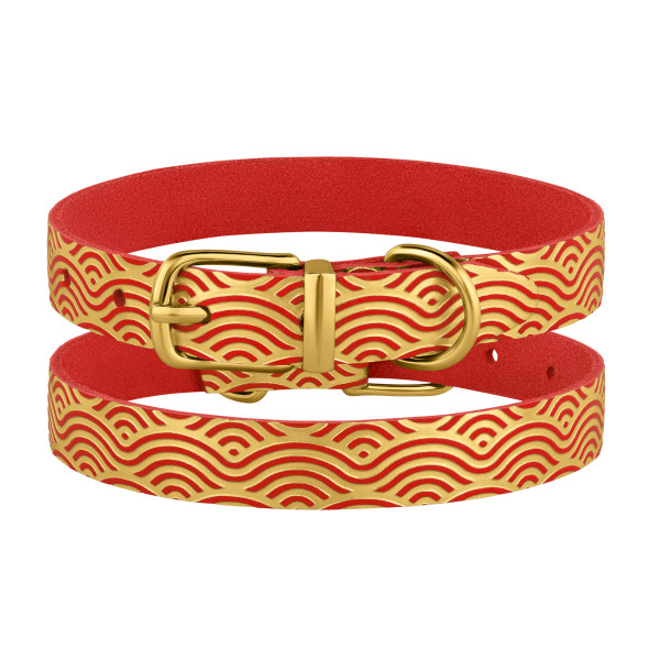 Нашийник для Собак шкіряний Classic одинарний з золотим тисненням Хвиля Червоний