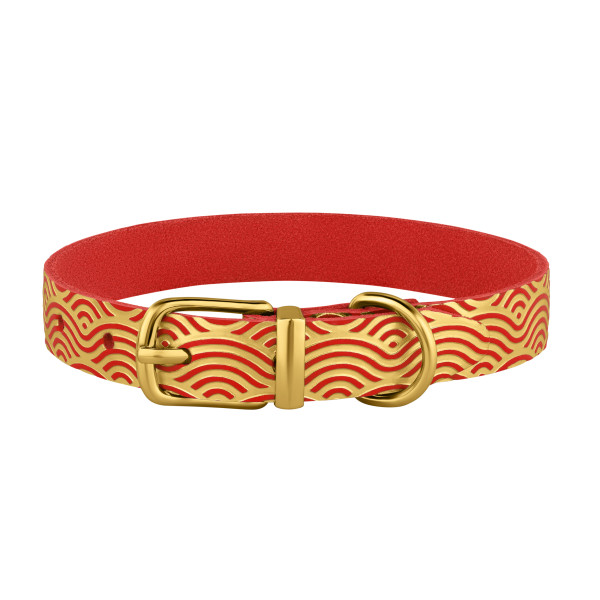 Нашийник для Собак шкіряний Classic одинарний з золотим тисненням Хвиля Червоний
