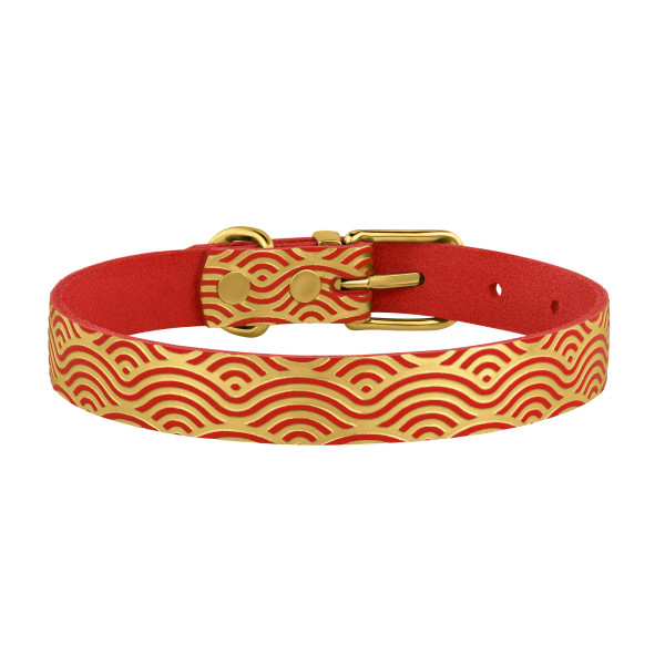 Нашийник для Собак шкіряний Classic одинарний з золотим тисненням Хвиля Червоний