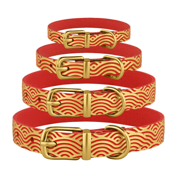 Нашийник для Собак шкіряний Classic одинарний з золотим тисненням Хвиля Червоний