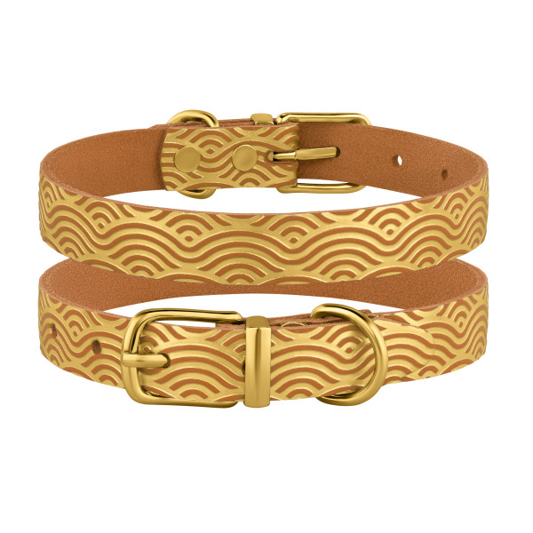 Нашийник для Собак шкіряний Classic одинарний з золотим тисненням Хвиля Гірчиця