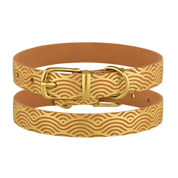 Нашийник для Собак шкіряний Classic одинарний з золотим тисненням Хвиля Гірчиця