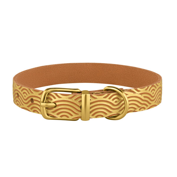 Нашийник для Собак шкіряний Classic одинарний з золотим тисненням Хвиля Гірчиця