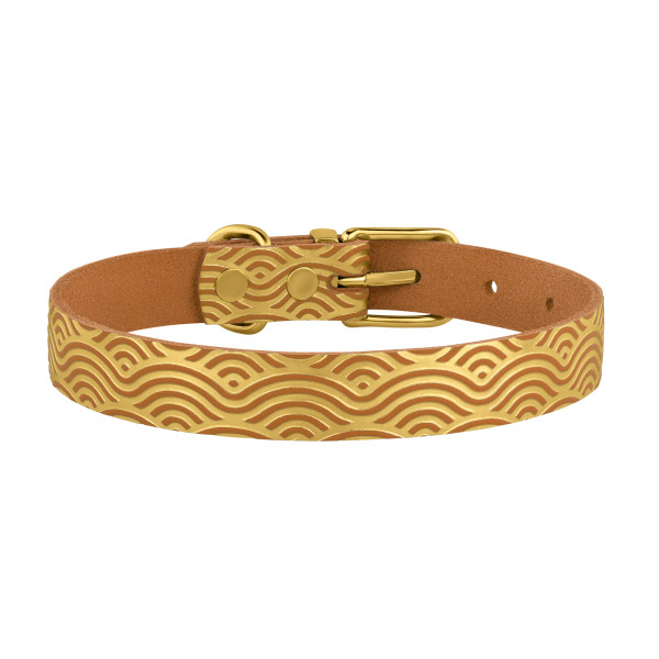 Нашийник для Собак шкіряний Classic одинарний з золотим тисненням Хвиля Гірчиця