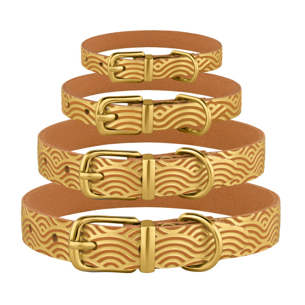 Нашийник для Собак шкіряний Classic одинарний з золотим тисненням Хвиля Гірчиця