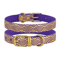 Нашийник для собак шкіряний Classic одинарний з золотим тисненням Хвиля Фіолетовий