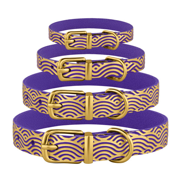 Нашийник для собак шкіряний Classic одинарний з золотим тисненням Хвиля Фіолетовий