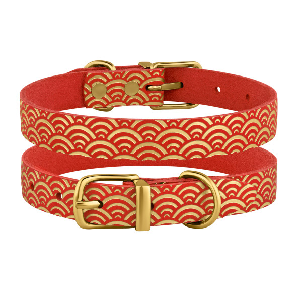 Нашийник для Собак шкіряний Classic одинарний з золотим тисненням Море Червоний
